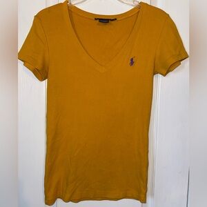 Ralph Lauren Sport Mustard Yellow V-Neck Tee Purple Pony Logo Size M